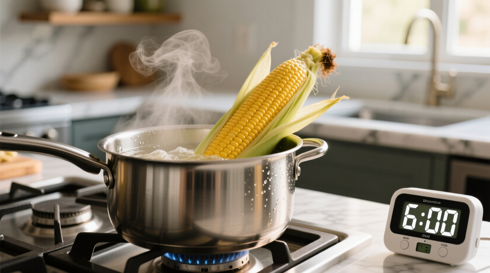 Fresh sweet corn being boiled in a pot with timer showing 6 minutes