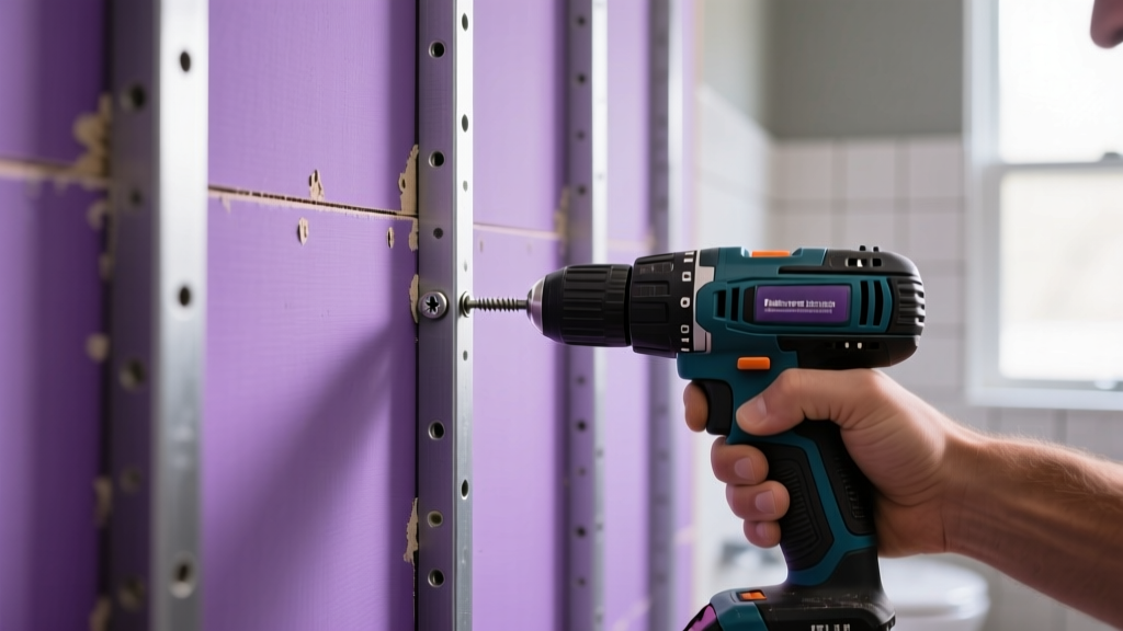 Contractor fastening moisture-resistant purple bathroom gypsum board to metal studs with a dimpled drywall screw and cordless drill