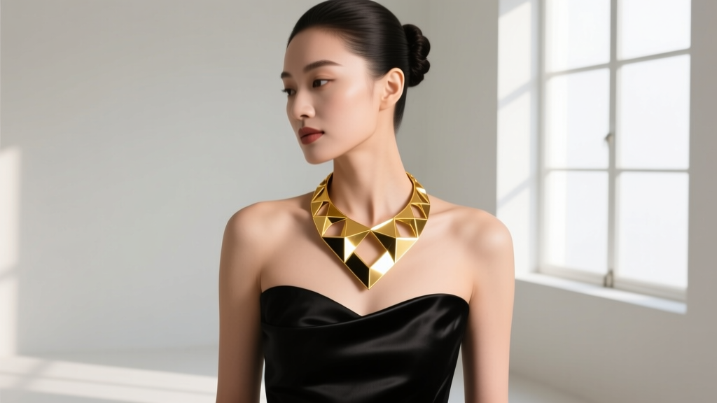 Elegant woman wearing a heavy 18k yellow gold bib necklace with geometric cutouts against a black silk strapless evening gown.