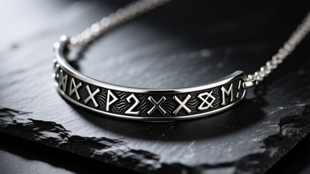 Close-up of a 925 sterling silver rune necklace with dark oxidized symbols resting on dark slate under soft directional lighting.