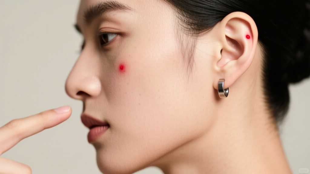 Side profile of a person pointing to a small red irritation bump on their upper ear cartilage near a flat-back titanium earring.