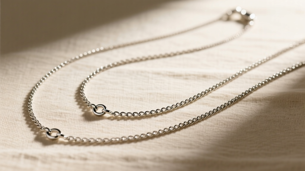 Flat lay of three necklace chains measuring 16, 20, and 24 inches, arranged in cascading arcs on a textured beige linen background.