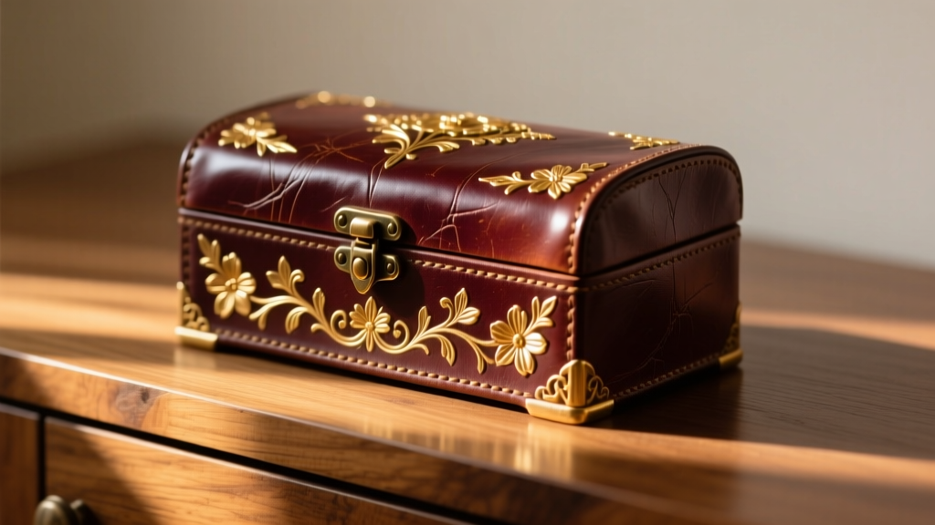 Antique leather jewelry box showing deep mahogany patina on an oak vanity, lit by soft warm light to highlight gold leaf tooling