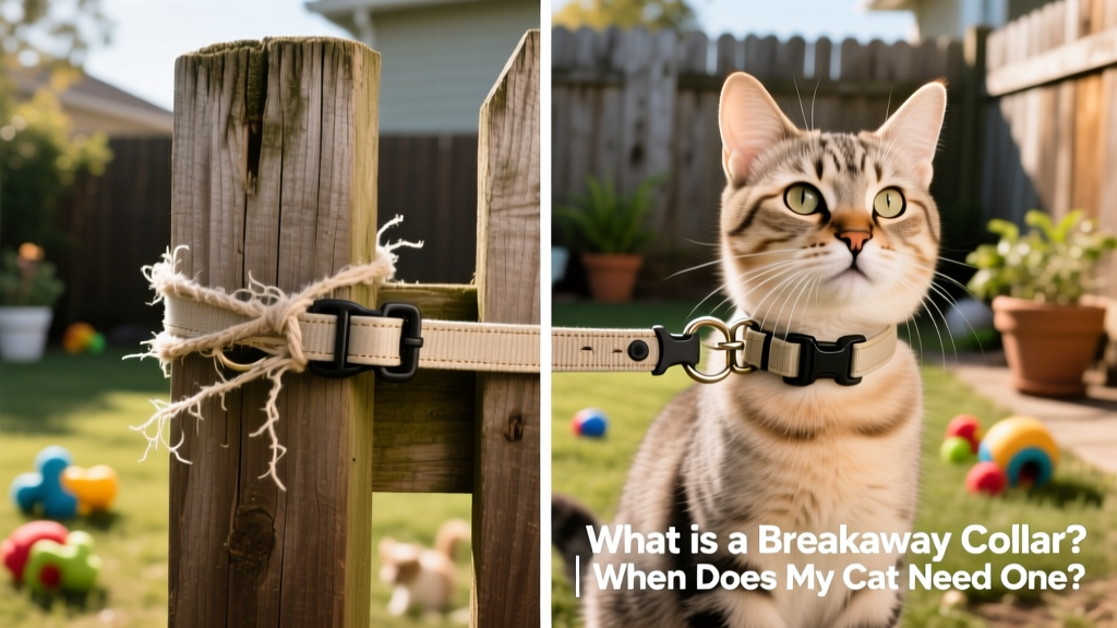 Side-by-side comparison showing a standard collar caught on a wooden fence post versus a breakaway collar safely releasing