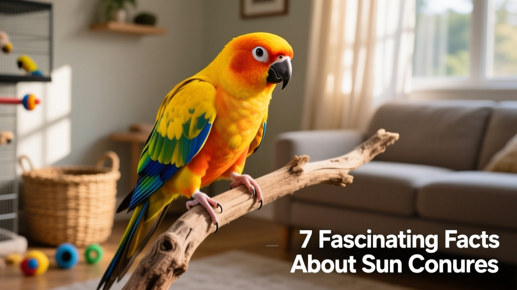A vibrant adult sun conure perched on a natural wooden branch, displaying its bright yellow, orange, and blue plumage