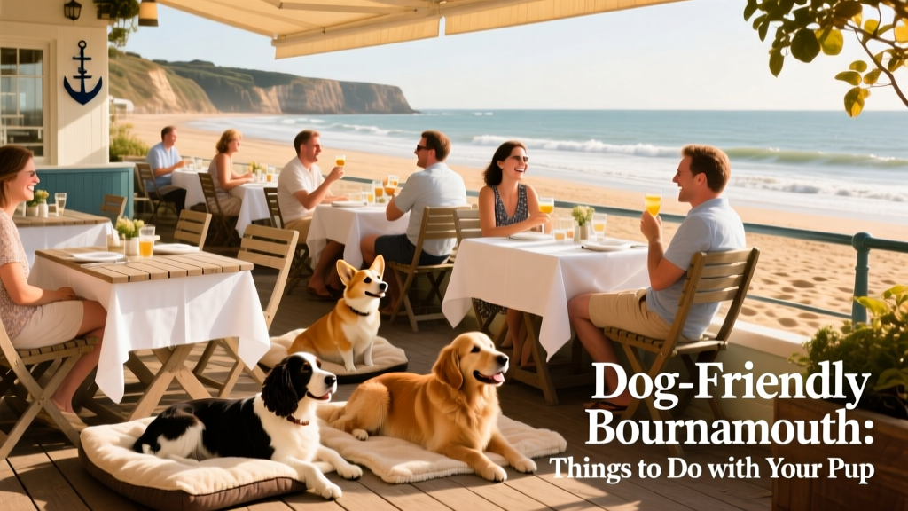 A sunny, beachside restaurant terrace in Bournemouth with dogs relaxing beside their owners at outdoor tables