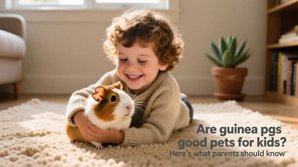 A child gently holding a guinea pig while sitting on a rug, both smiling