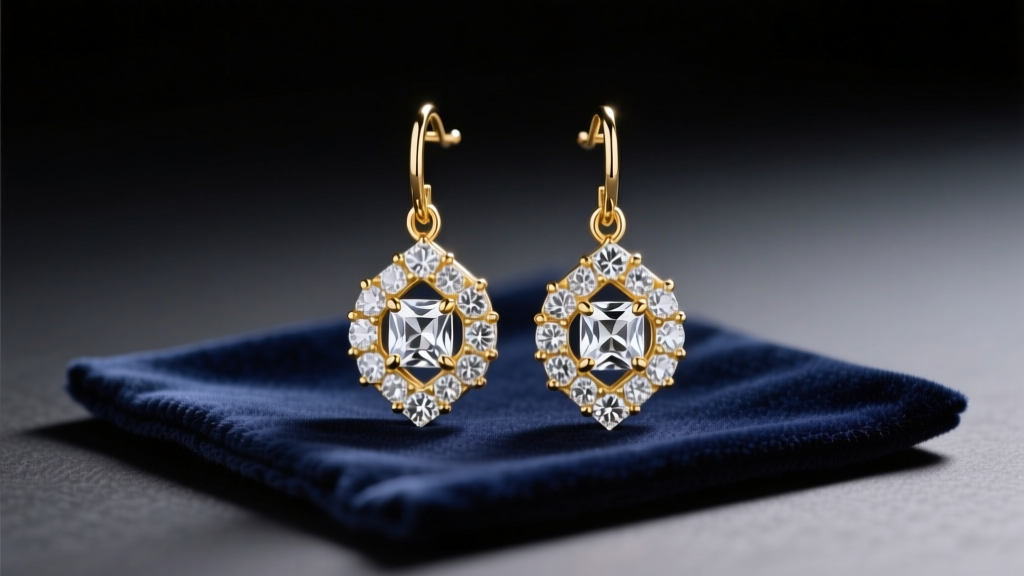 Close-up of gold-plated Tahari drop earrings with cubic zirconia resting on a dark velvet cleaning mat under soft studio light.