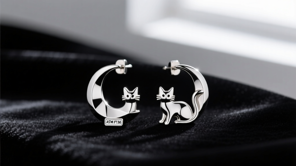Implant-grade titanium earrings shaped like moons and cats on dark velvet, with small ASTM F136 certification tags clearly visible.