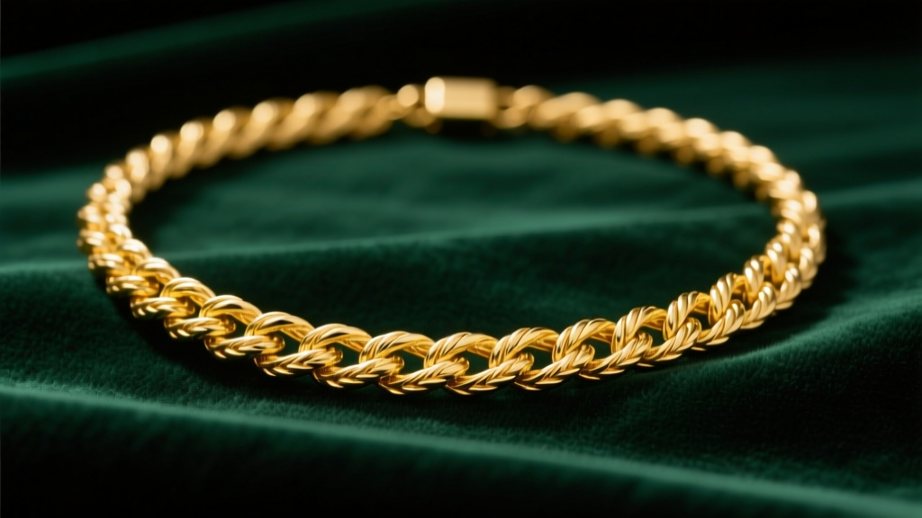 Solid 14k yellow gold rope necklace draped on dark emerald velvet, highlighting twisted link texture under soft studio lighting.