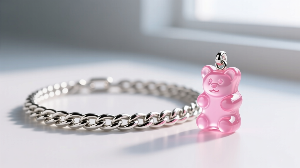 Side profile of a 925 sterling silver 1.0mm rope chain showing twisted texture next to a polished candy-shaped gummy bear charm.