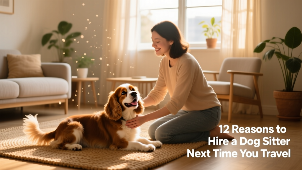 A FurPetVo sitter kneeling beside a calm, smiling dog in a sunlit living room