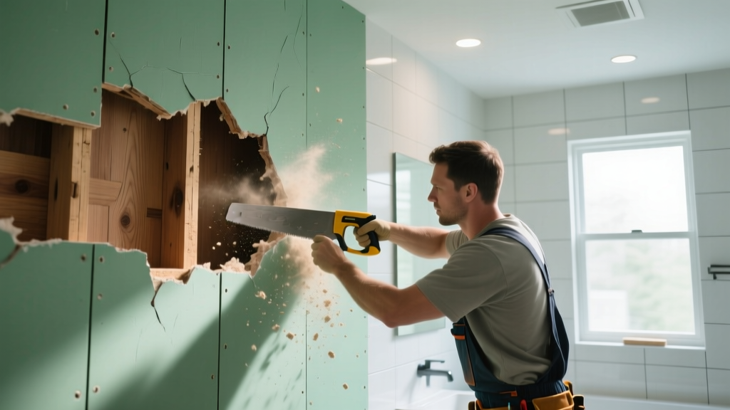 Contractor cutting out damaged green moisture resistant gypsum board in a bathroom to reveal treated wood framing behind it