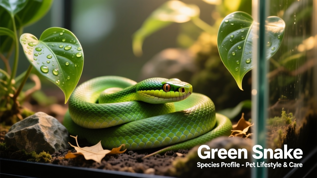 Close-up of a vibrant rough green snake coiled gently among live pothos leaves in a well-planted terrarium