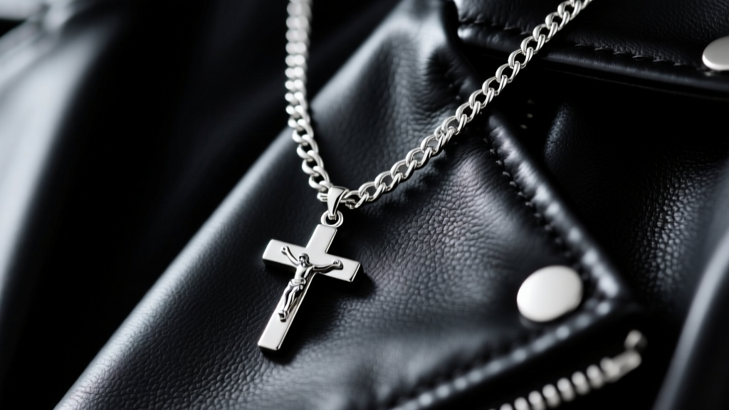 Close-up of a 5mm sterling silver curb chain holding a polished crucifix pendant, resting on a dark leather jacket background.