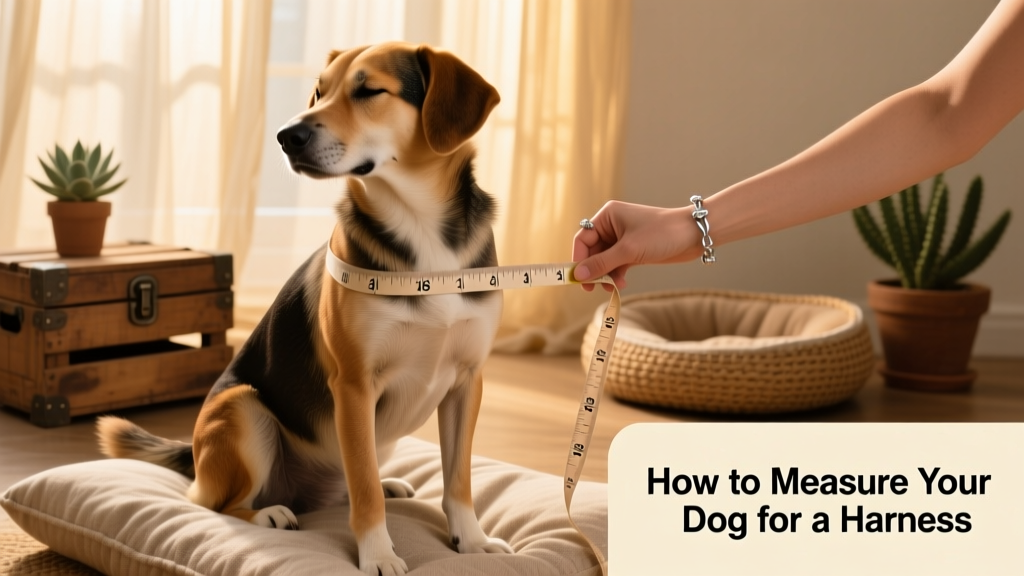 A person gently measuring a calm, seated dog's chest girth with a soft tape measure