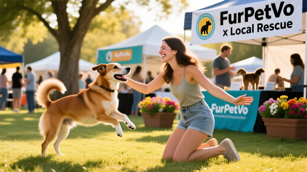 A joyful dog meeting its new adopter at an outdoor adoption event hosted by FurPetVo and a local rescue