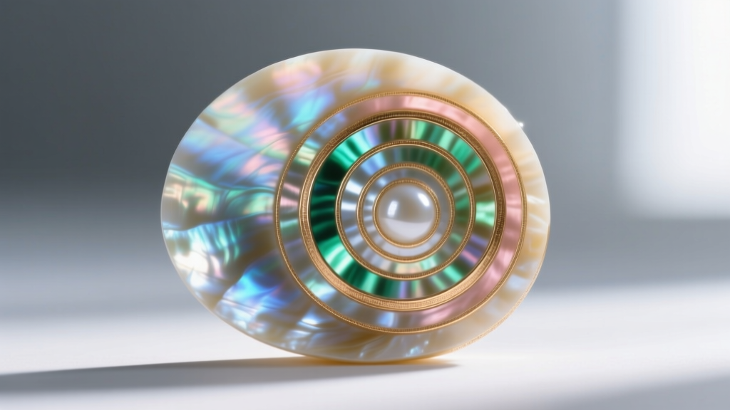 Macro shot of carved mother of pearl showing natural iridescent bands and subtle growth rings against a blurred silver backdrop
