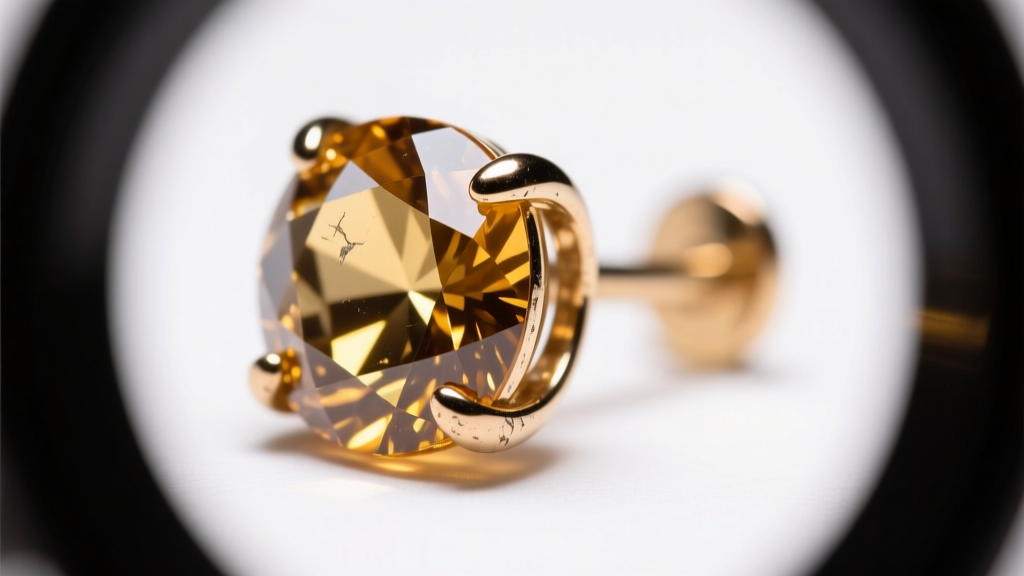 Loupe examining prongs of a cognac zircon stud earring, revealing minor facet abrasion and metal wear under bright studio lighting.