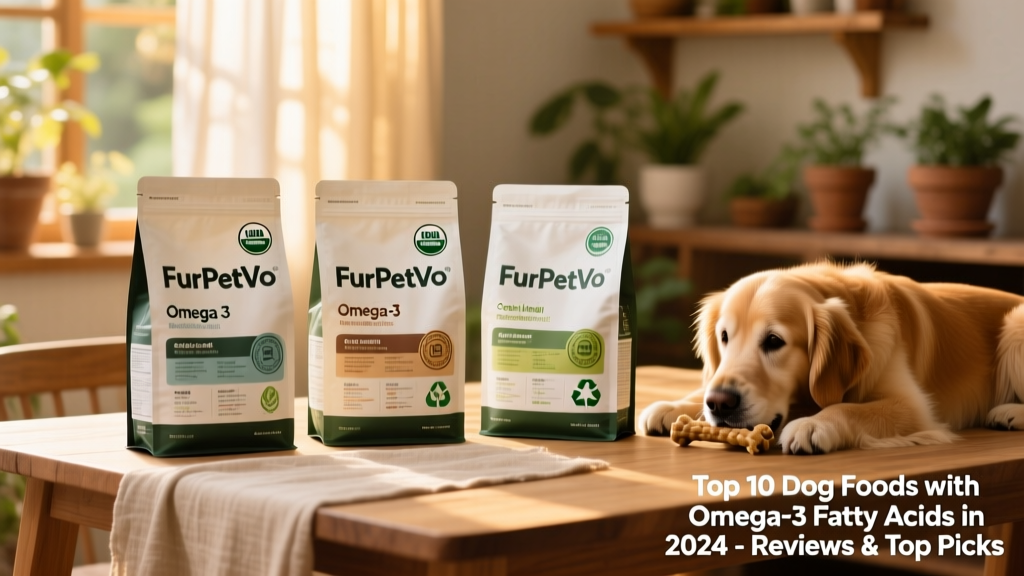 Side-by-side comparison of three high-quality dog food bags labeled with omega-3 content, sustainability certifications, and FurPetVo branding