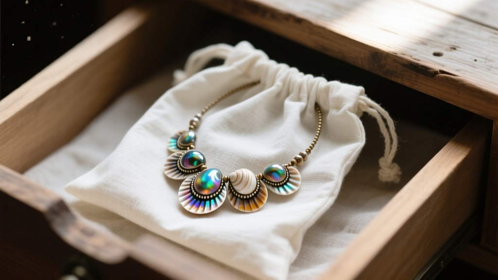 Pomo shell necklace carefully wrapped in acid-free tissue paper and placed inside a breathable cotton muslin bag in a drawer