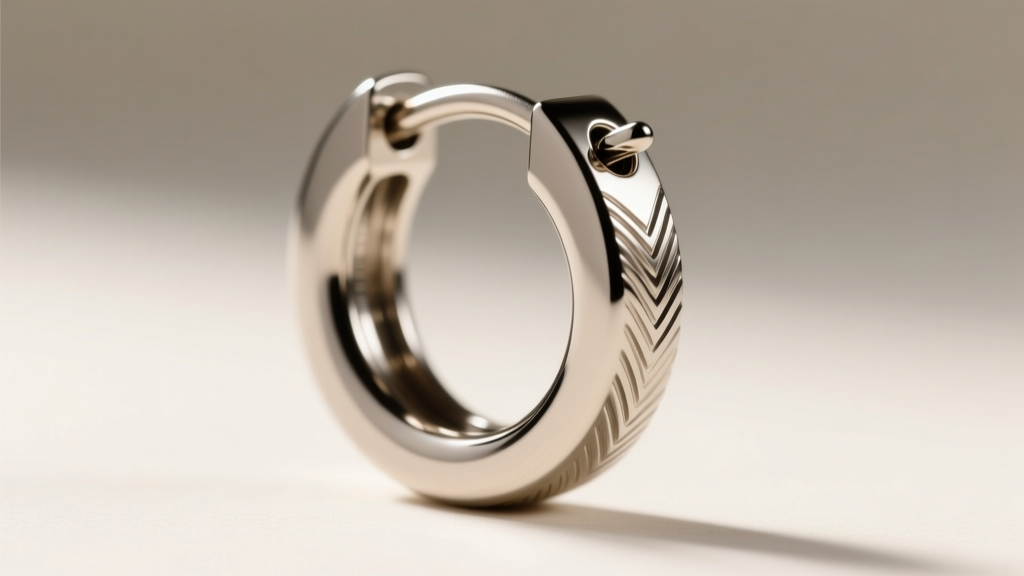 Macro shot of a 16-gauge titanium huggie earring hinge, highlighting the precision click-lock joint and a brushed metal finish