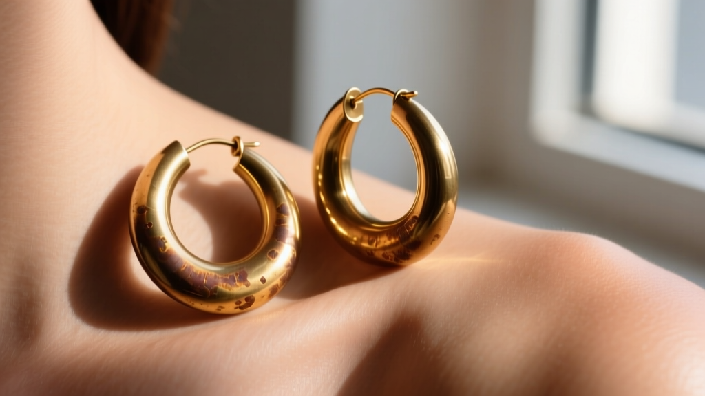 Close-up of thick 12-gauge raw brass hoop earrings showing warm golden-brown patina against sun-kissed skin in soft natural light