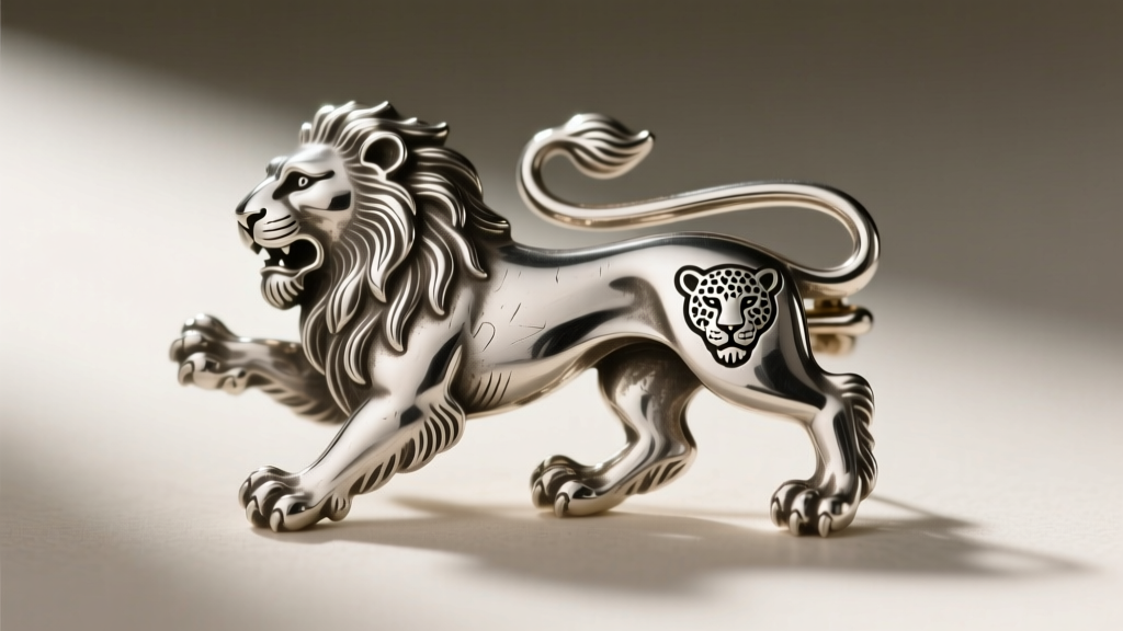 Close-up of a Victorian silver brooch showing lion passant and leopard head hallmarks struck deeply into the soft sterling metal