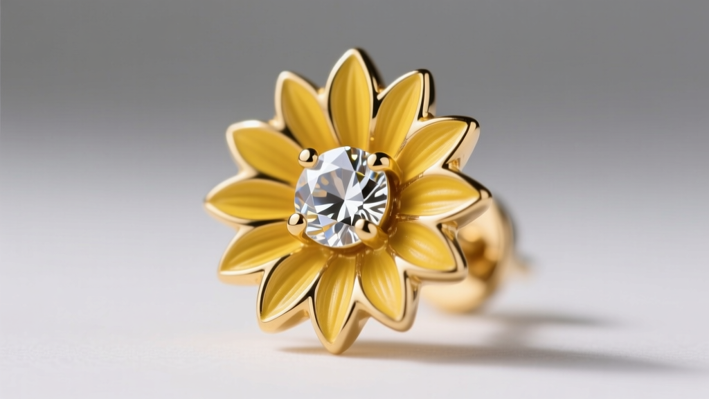 Close-up of a gold vermeil sunflower stud earring showing intricate yellow enamel petals and a sparkling cubic zirconia center.