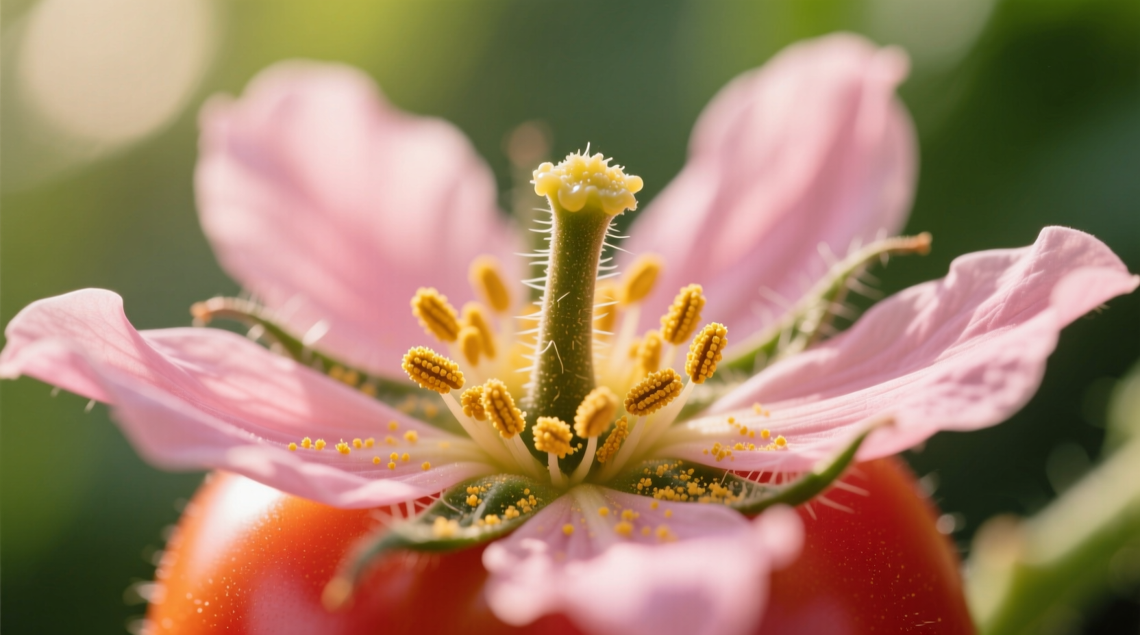 Close-up of tomato flower showing anthers and stigma