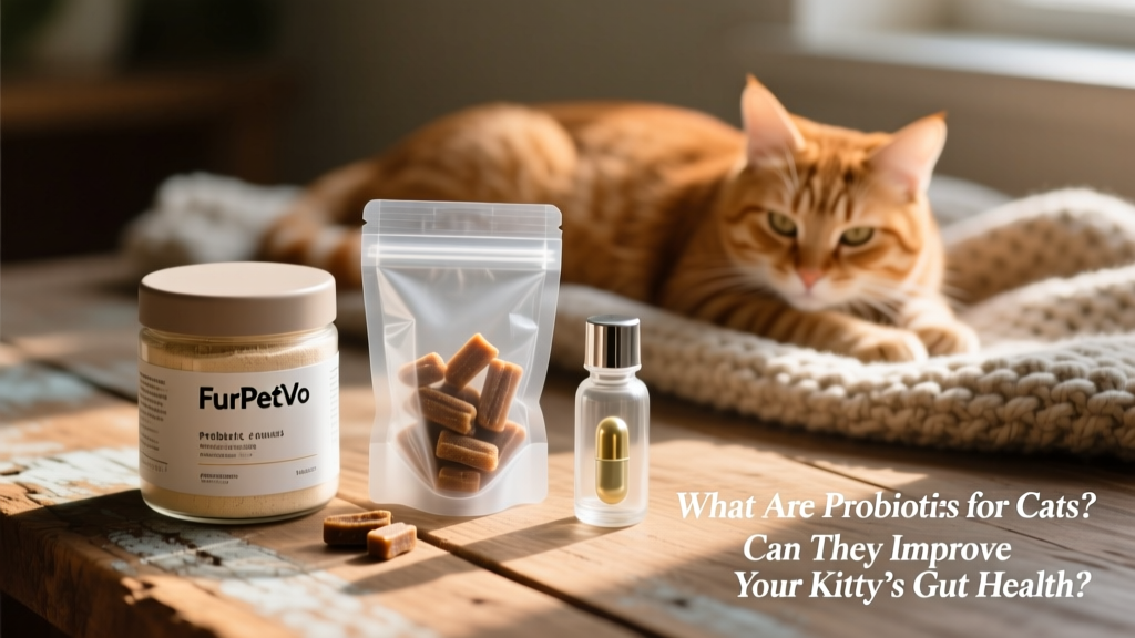 Assortment of FurPetVo probiotic products: powder jar, soft chews in a pouch, and capsule bottle on a clean wooden surface