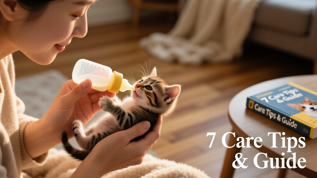 Close-up of a person gently holding a tiny kitten while offering a small bottle with a soft nipple