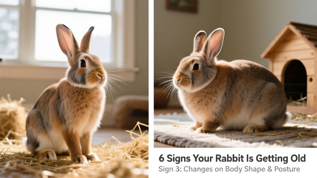 Side-by-side photos showing a healthy-weight rabbit and an overweight rabbit, highlighting posture and body shape differences