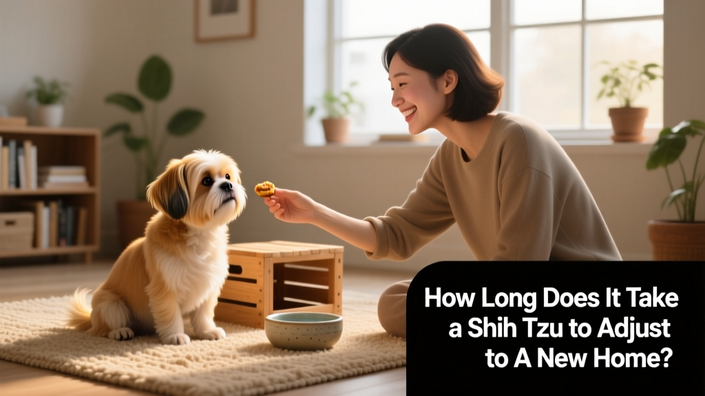 A smiling person gently offering a treat to a relaxed Shih Tzu sitting calmly on a rug beside a small crate and water bowl