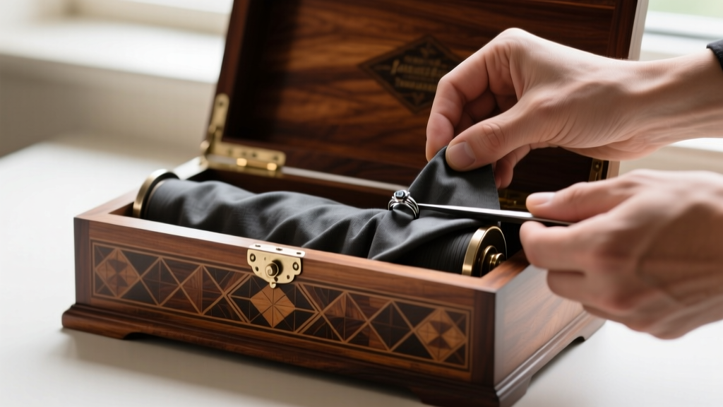 Hands carefully installing modern charcoal anti-tarnish Pacific cloth into the ring roll of a restored Victorian rosewood casket.