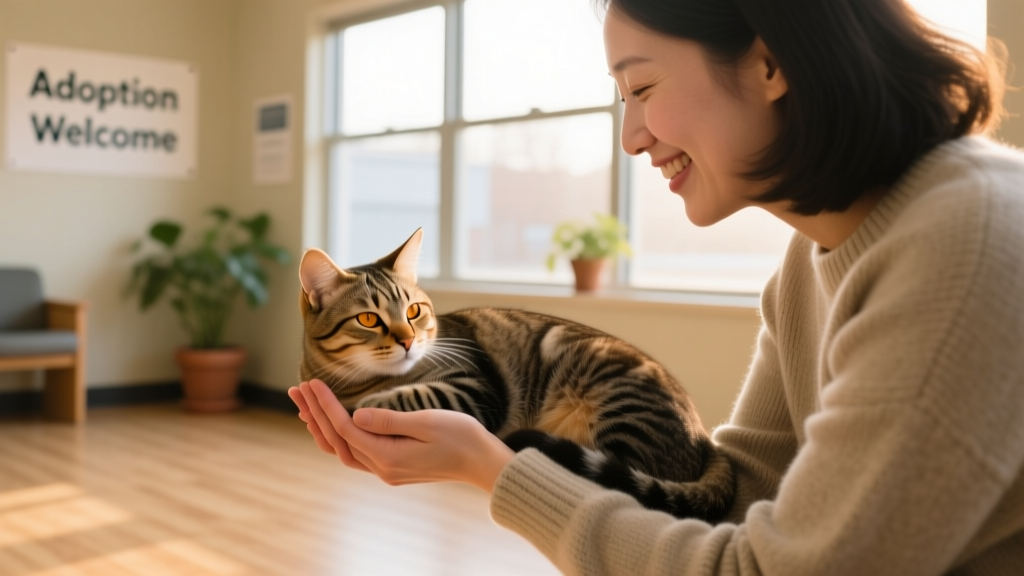 Two hands gently cradling a relaxed cat during a quiet, positive meet-and-greet with a potential adopter