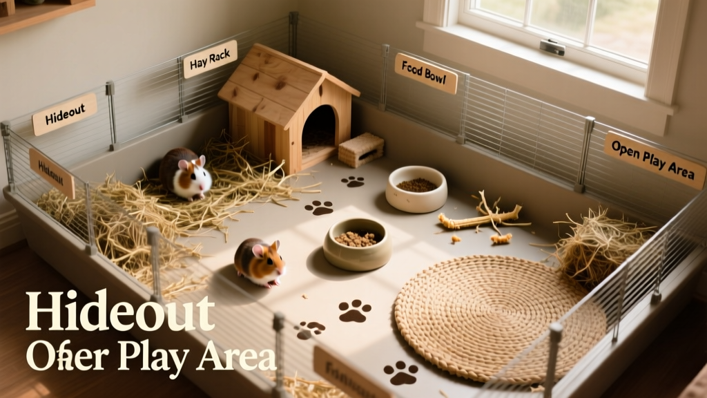 Top-down view of a spacious guinea pig cage with labeled zones: hideout, hay rack, food bowl, and open play area