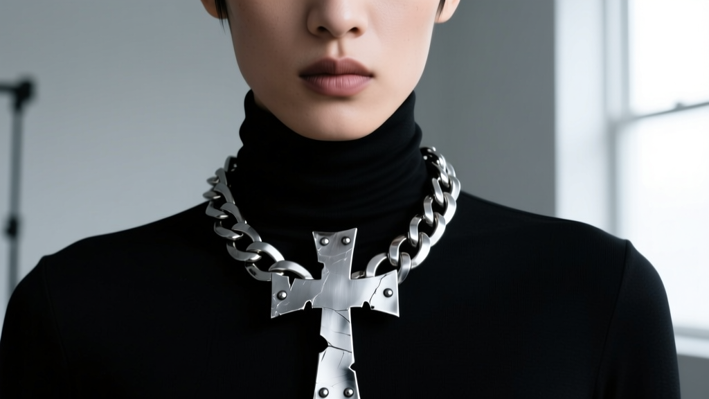 Model wearing a brutalist silver chunky cross necklace over a black turtleneck, showing raw metal textures and sharp edges.