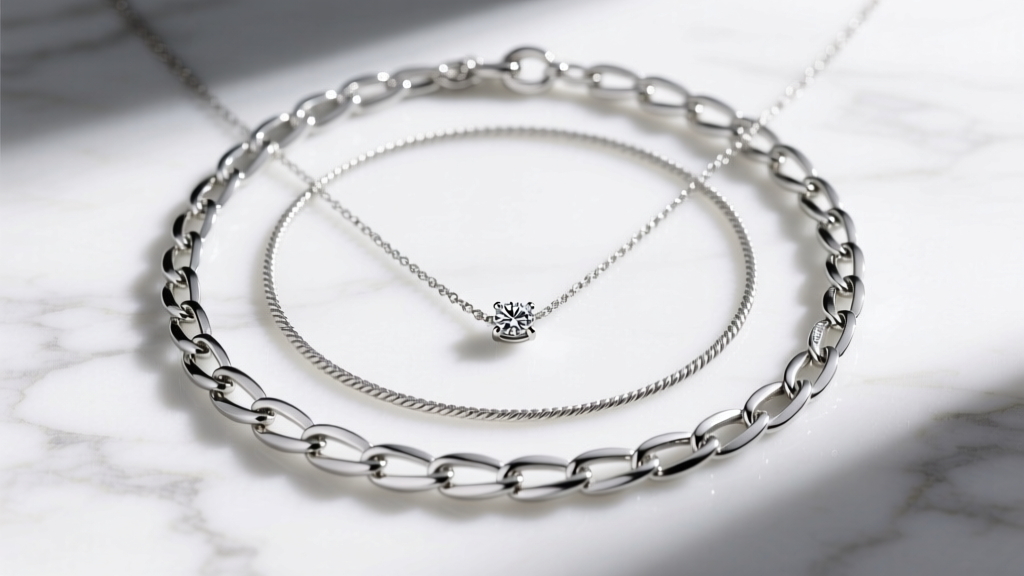 Flat lay of a layered necklace stack with a silver Dante chain, thin rope chain, and solitaire pendant on a white marble surface