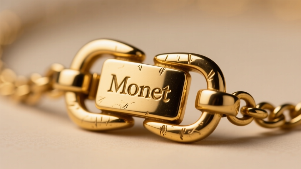Macro shot of an 80s necklace clasp showing a stamped Monet hallmark and thick gold electroplate under bright light.
