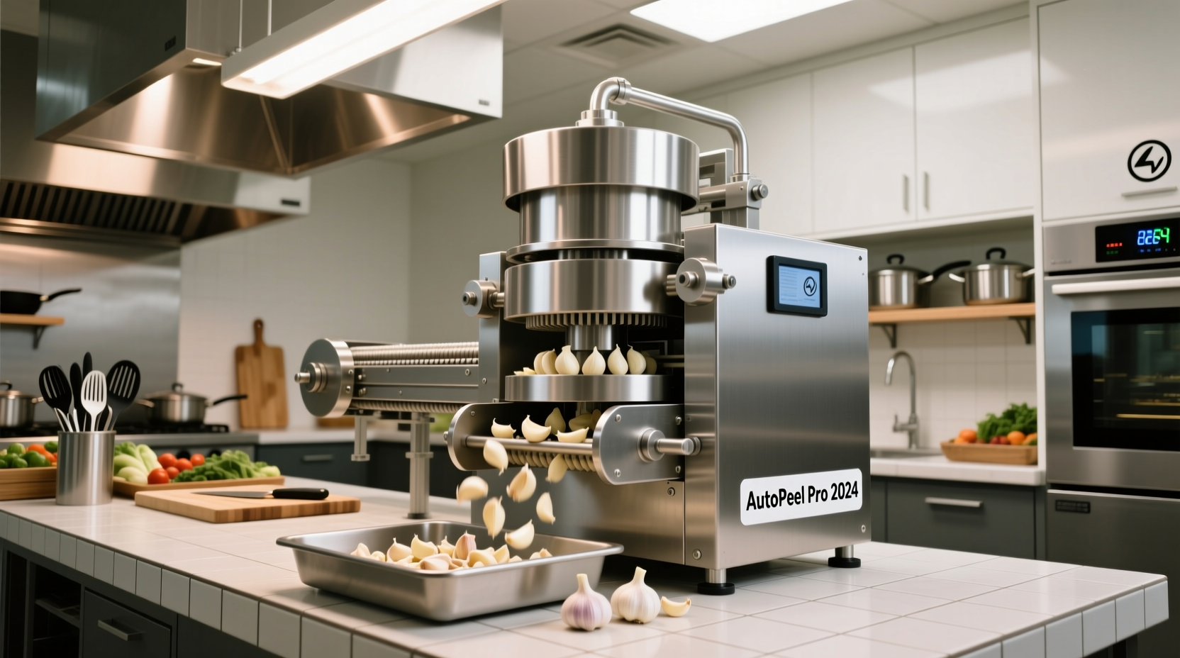 Professional garlic peeling machine in commercial kitchen