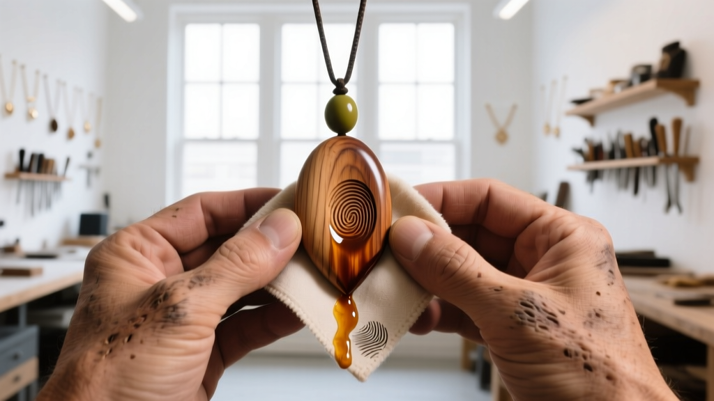 Macro view of hands applying tung oil to an olive wood pendant with a microfiber cloth in a bright, organized jewelry workshop.