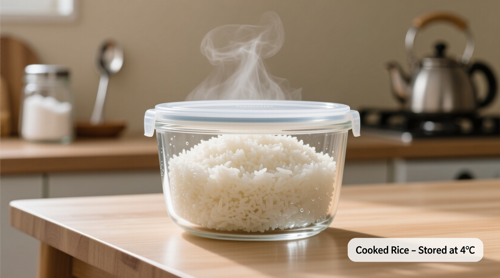 Properly stored cooked rice in glass container