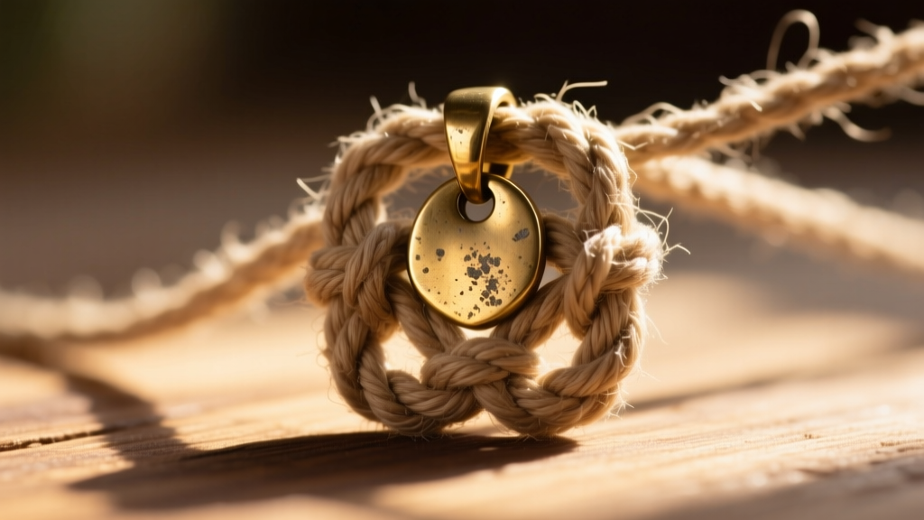 Macro shot of unbleached hemp cord woven in a macrame square knot holding a raw brass pendant under warm sunlight.