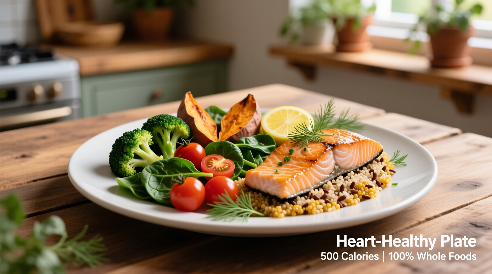 Healthy heart diet plate with vegetables, fish, and whole grains