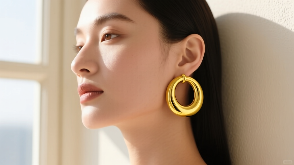 Close-up of a woman wearing 60mm solid yellow gold hoop earrings, soft lighting highlighting the polished metal curve and earlobe