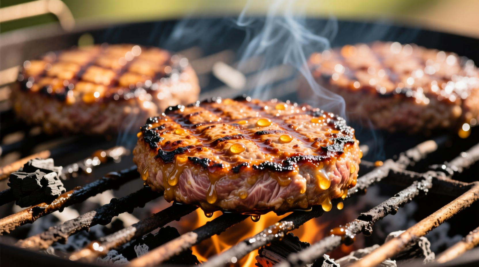 Gegrillte gefrorene Burger Patties auf Holzkohlegrill