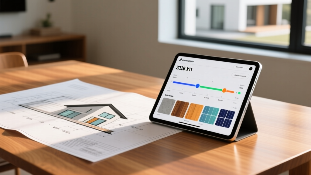 Architectural blueprints spread on a wooden table next to a digital tablet displaying a 2026 home construction cost calculator and material samples