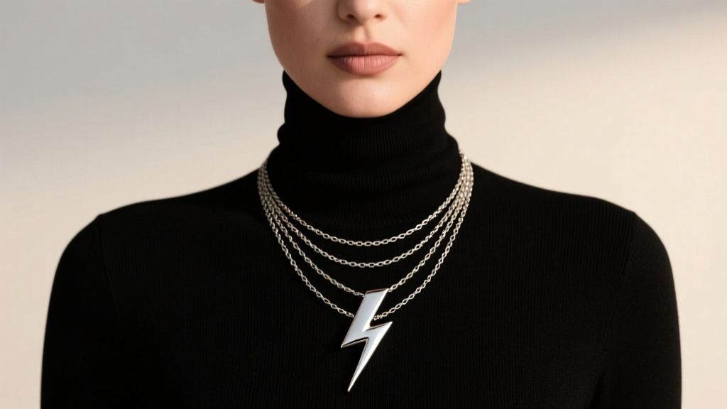 Woman wearing a layered lightning bolt necklace over a black turtleneck sweater, showing proper pendant placement and chain drape.