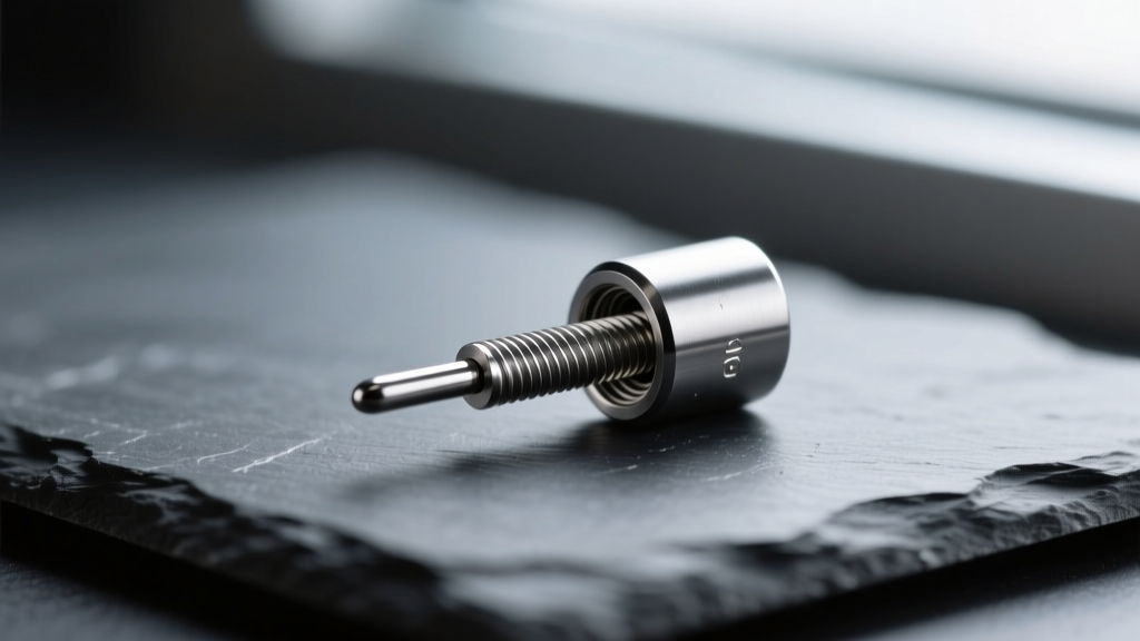Macro view of a threadless tragus earring pin beside the internal threads of a titanium labret post on a dark slate surface